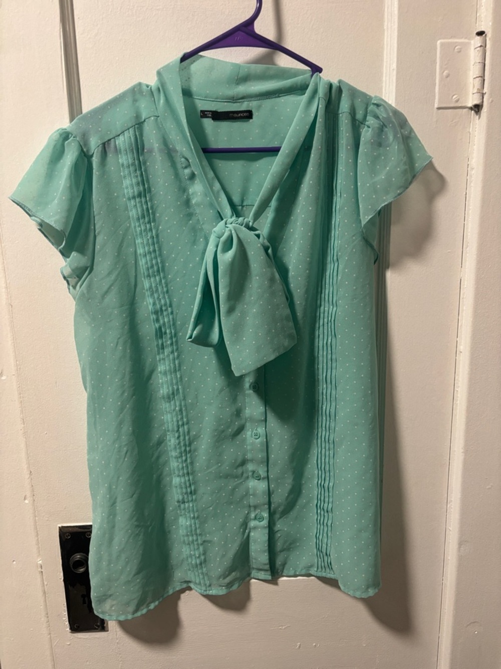 Maurices Mint Green Tie-Neck Cap Sleeve Blouse Pokadots large
